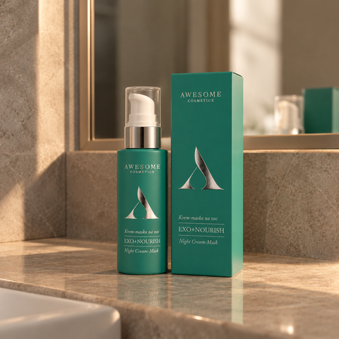 Butelka i opakowanie kremu-maski na noc AWESOME COSMETICS EXO+NOURISH w odcieniu turkusowym, ustawione na kamiennej łazienkowej półce w ciepłym, jesiennym świetle.